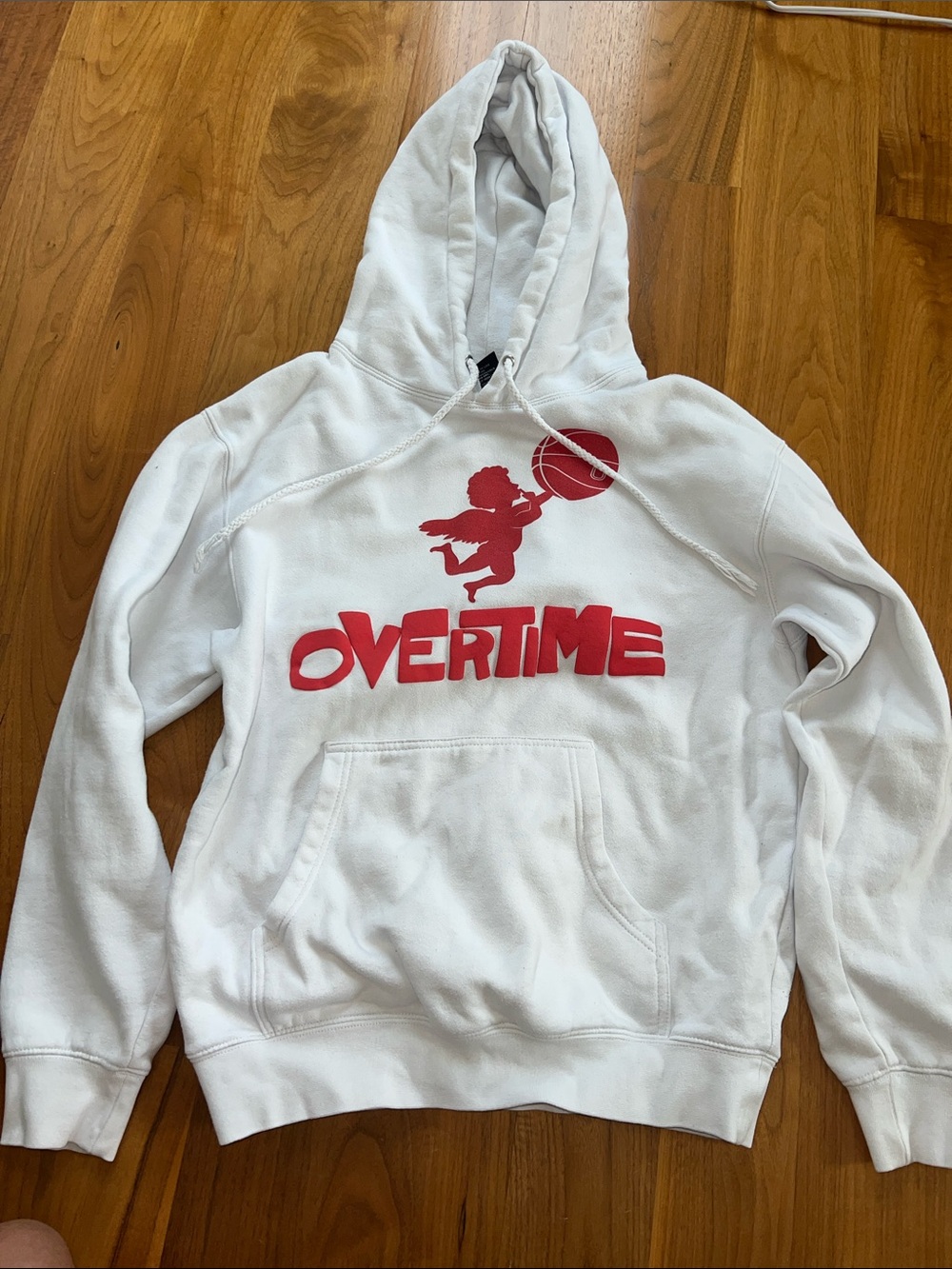 White Overtime Graphic Hoodie with Red Print